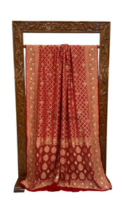 Pure Khaddi Georgette Banarasi Bandhej Handloom Saree with Handwork: Gota Patti, Zardozi, Diamond Chain, Katdana, and Abla Detailing - The Handlooms