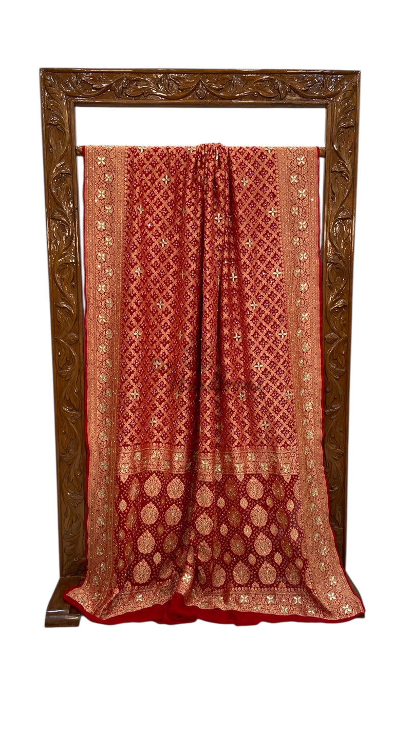 Pure Khaddi Georgette Banarasi Bandhej Handloom Saree with Handwork: Gota Patti, Zardozi, Diamond Chain, Katdana, and Abla Detailing - The Handlooms
