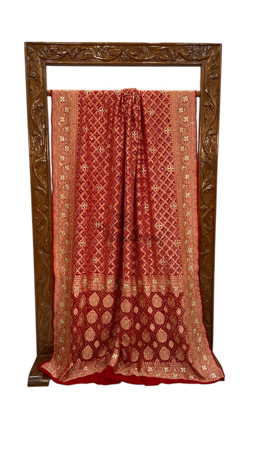 Pure Khaddi Georgette Banarasi Bandhej Handloom Saree with Handwork: Gota Patti, Zardozi, Diamond Chain, Katdana, and Abla Detailing - The Handlooms
