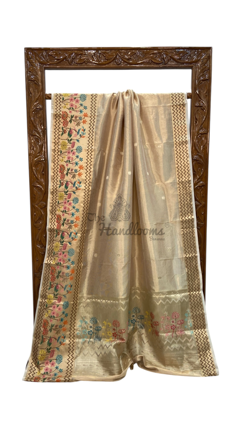 Pure Kora Tissue Handloom Banarasi Saree - Paithani Border - The Handlooms