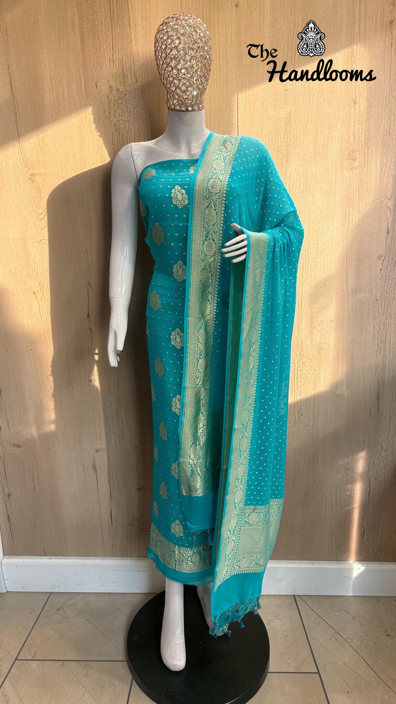 Aqua Blue Pure Khaddi Georgette Banarasi Dress material - The Handlooms