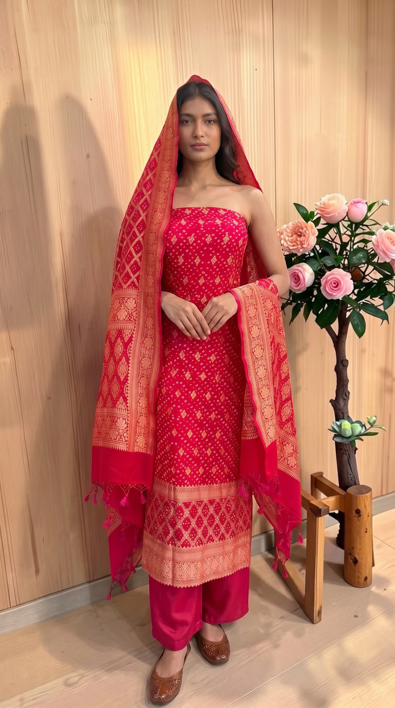 Pure Khaddi Georgette Bandhej Banarasi Dress material