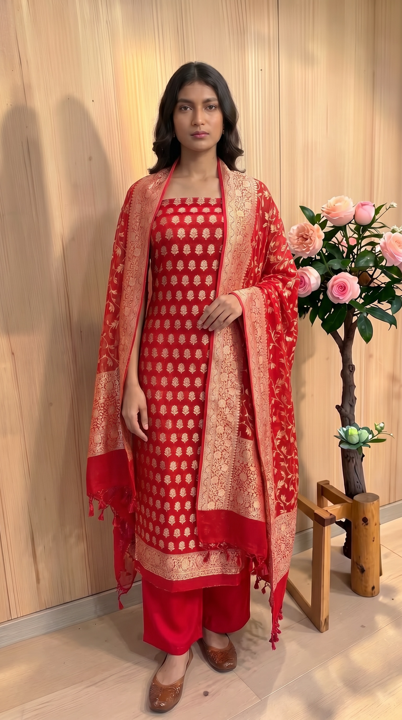 Pure Khaddi Georgette Handloom Banarasi Dress Material Water Zari