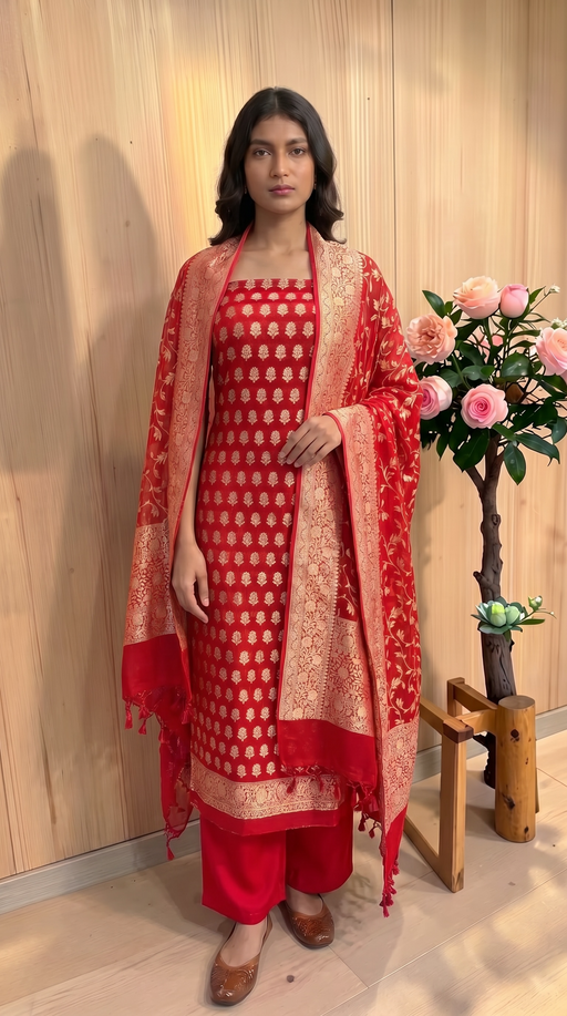 Pure Khaddi Georgette Handloom Banarasi Dress Material Water Zari - The Handlooms