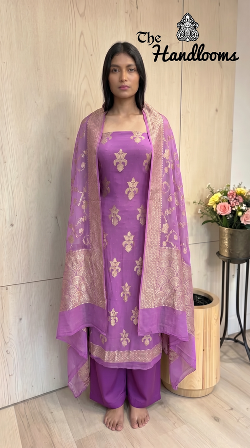 Pure Khaddi Georgette Handloom Banarasi Dress Material Water Zari - The Handlooms