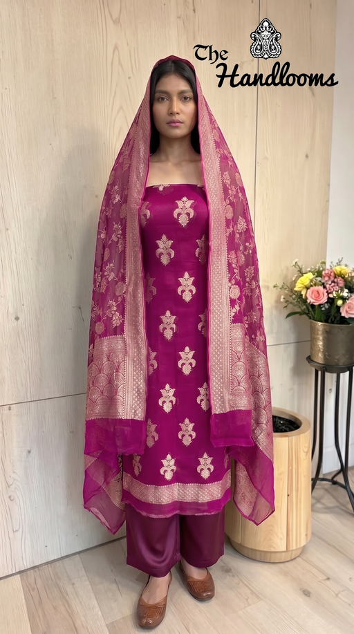 Pure Khaddi Georgette Handloom Banarasi Dress Material Water Zari - The Handlooms
