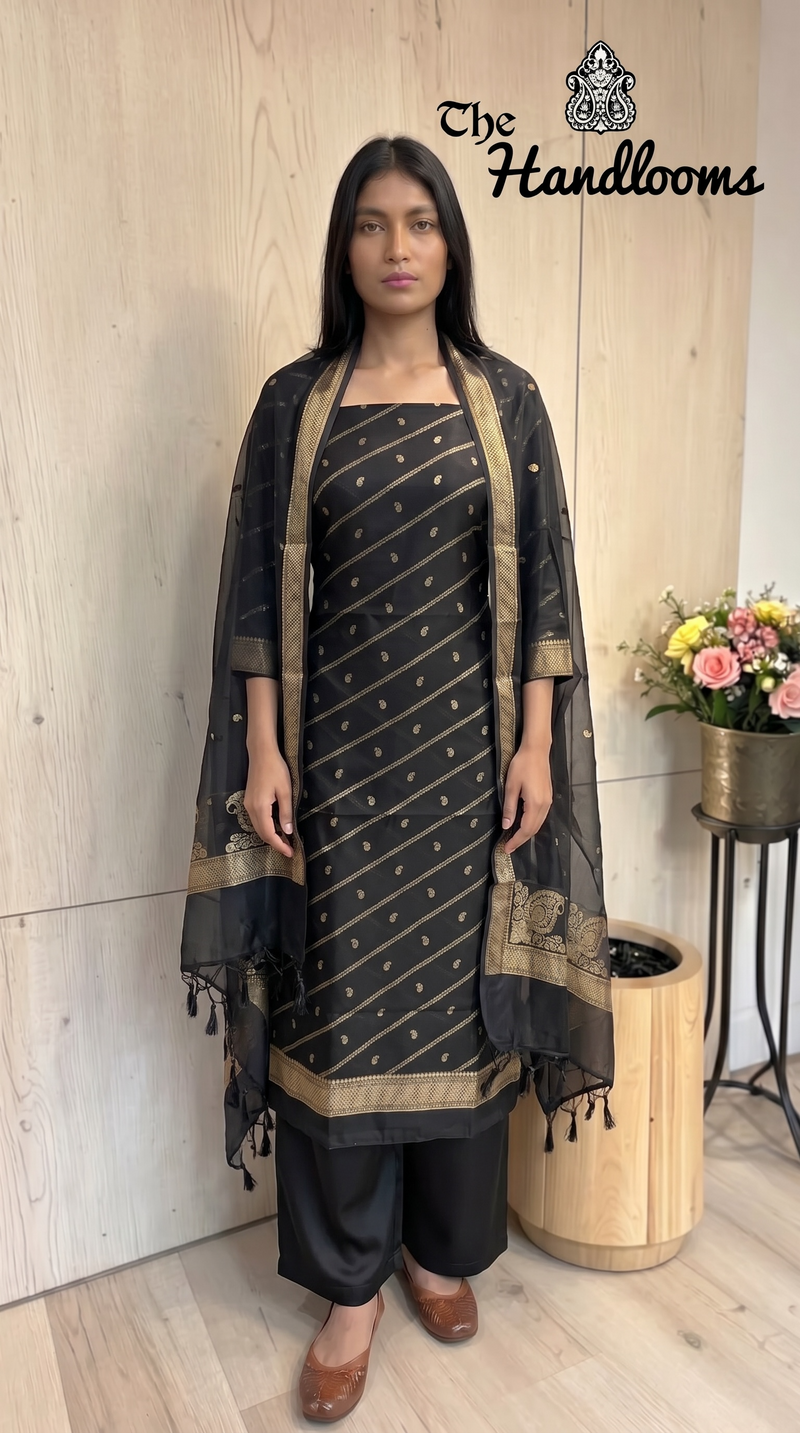 Pure Mango Silk Handloom Banarasi Dress Material - The Handlooms