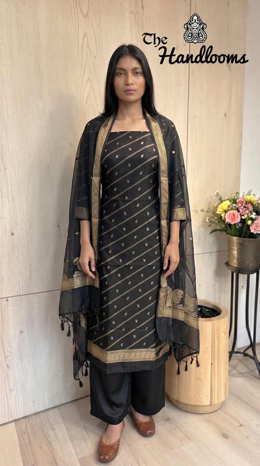 Pure Mango Silk Handloom Banarasi Dress Material - The Handlooms