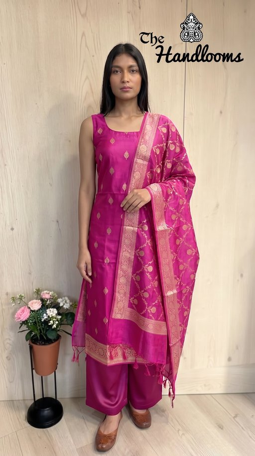 Pure Mango Silk Handloom Banarasi Dress Material - The Handlooms