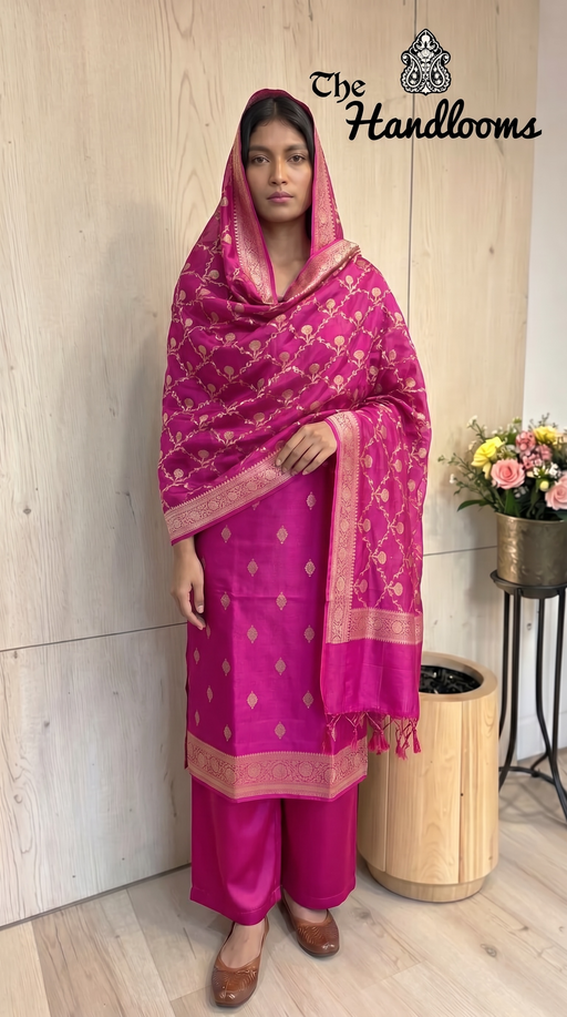 Pure Mango Silk Handloom Banarasi Dress Material - The Handlooms
