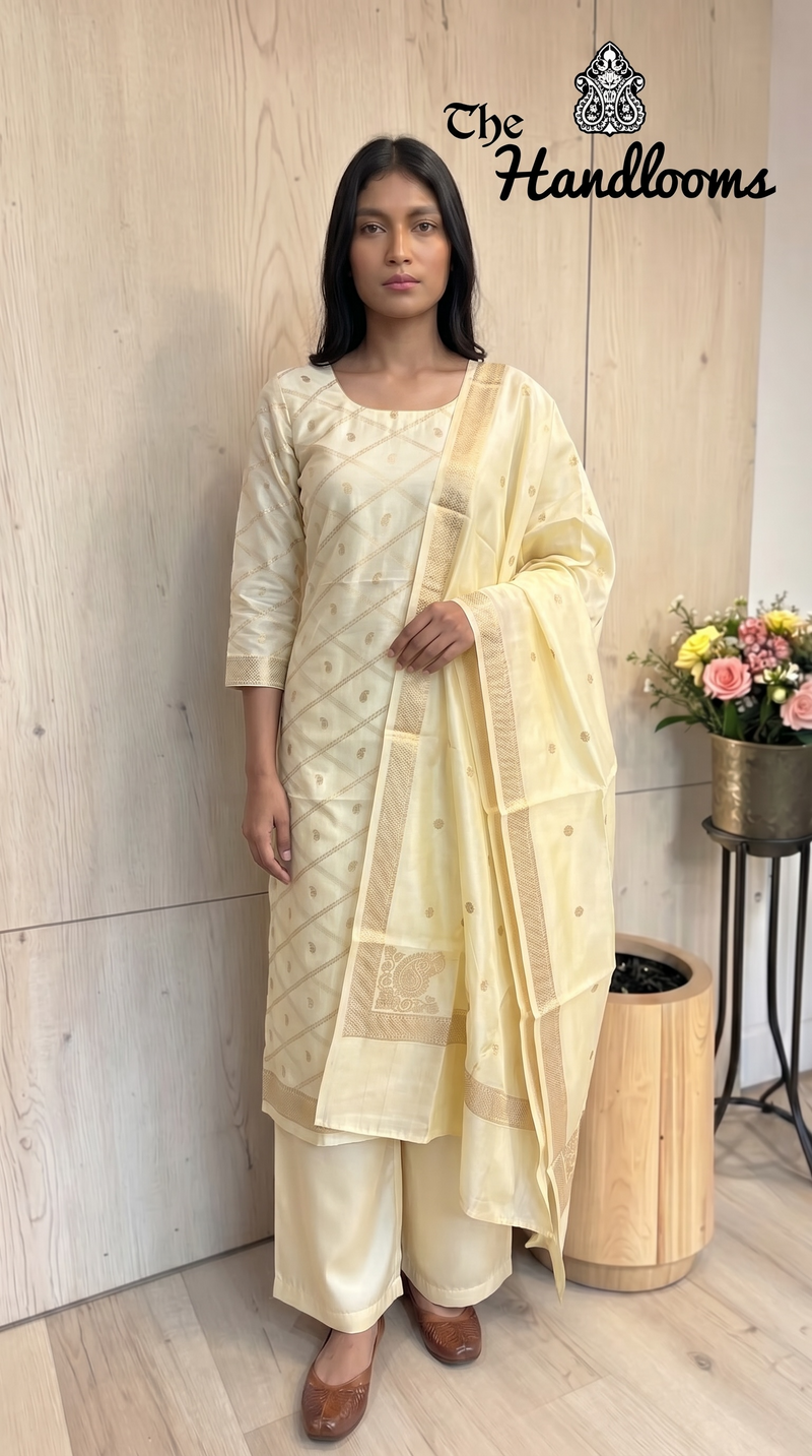 Pure Mango Silk Handloom Banarasi Dress Material - The Handlooms