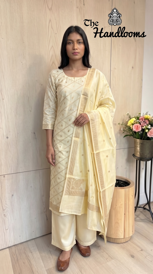 Pure Mango Silk Handloom Banarasi Dress Material - The Handlooms