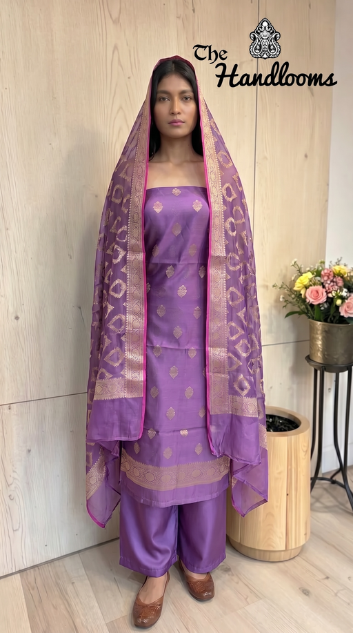 Pure Mango Silk Handloom Banarasi Dress Material - The Handlooms