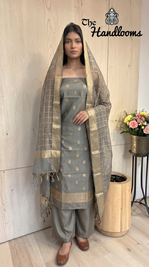 Pure Mango Silk Handloom Banarasi Dress Material - The Handlooms