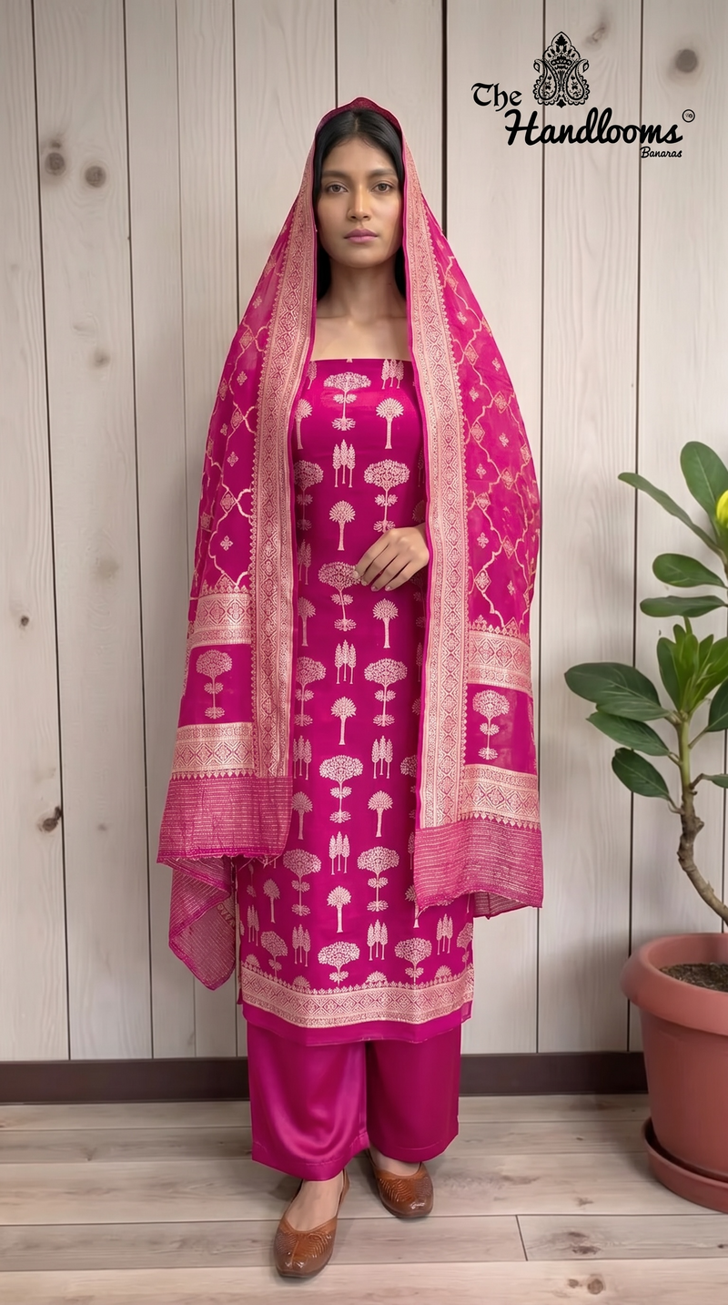 Khaddi Georgette Banarasi Dress material Water and Silver zari