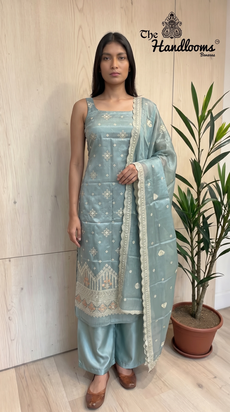 Pure Tussar Chikankari Handloom Banarasi Dress Material