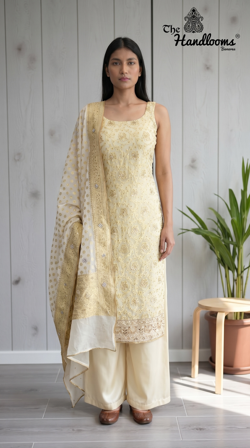 Pure Khaddi Georgette Handloom Banarasi Dress Material With Katdana,Zardozi,Stone,Diamond,Dapka