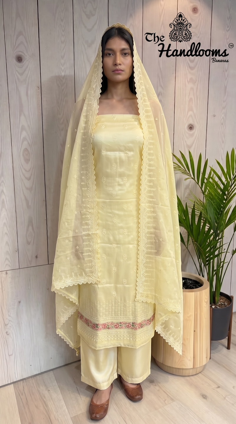 Pure Tussar Chikankari Handloom Banarasi Dress Material