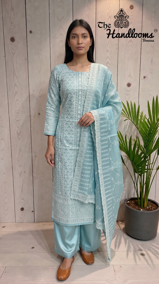 Pure Tussar Chikankari Handloom Banarasi Dress Material - The Handlooms