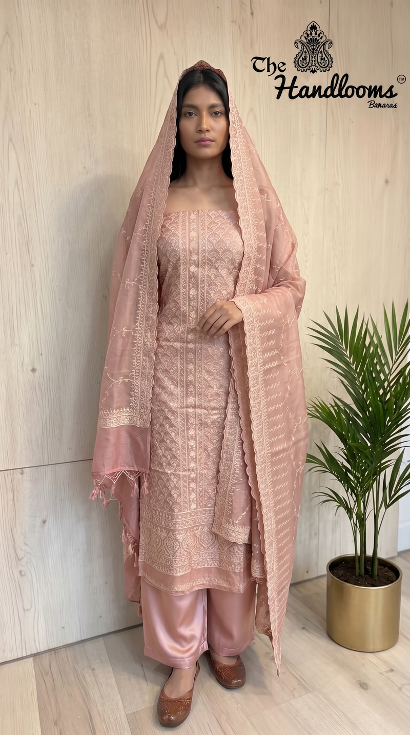Pure Tussar Chikankari Handloom Banarasi Dress Material - The Handlooms