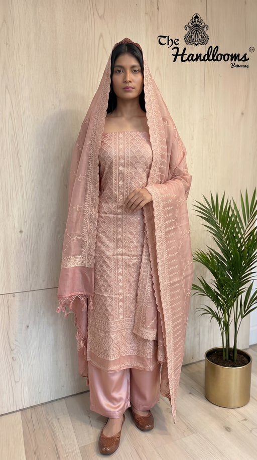 Pure Tussar Chikankari Handloom Banarasi Dress Material - The Handlooms