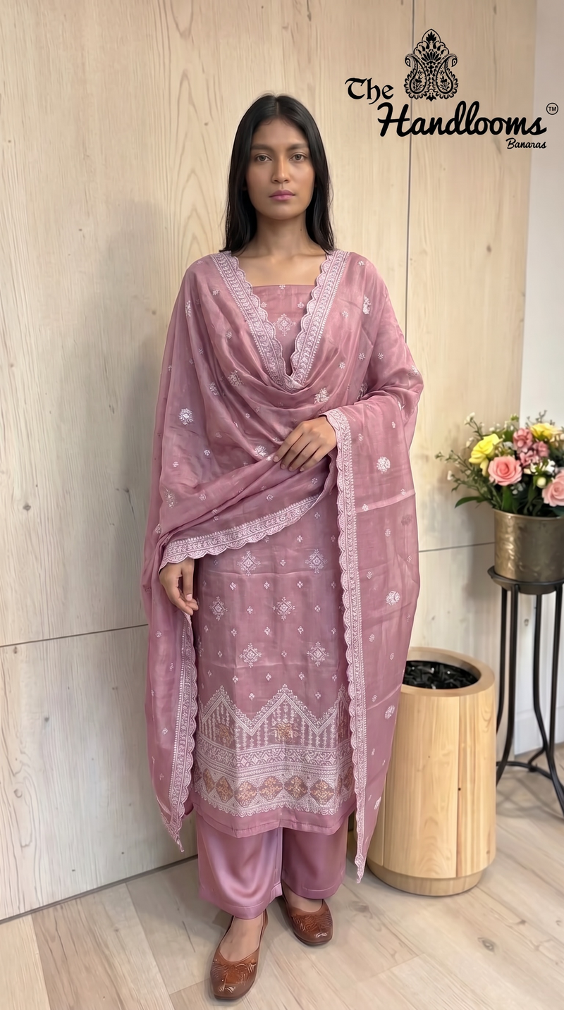Pure Tussar Chikankari Handloom Banarasi Dress Material