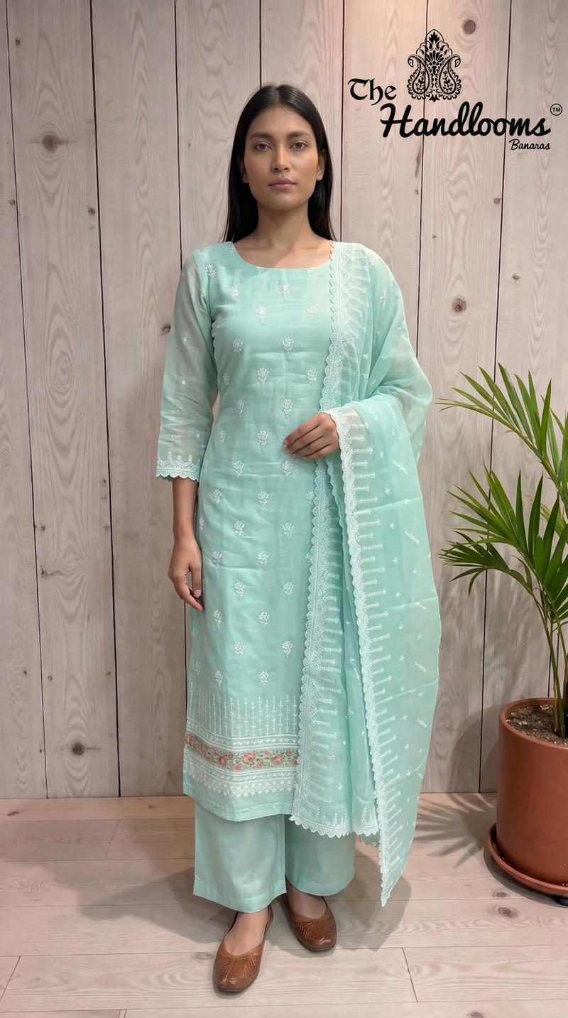 Pure Tussar Chikankari Handloom Banarasi Dress Material