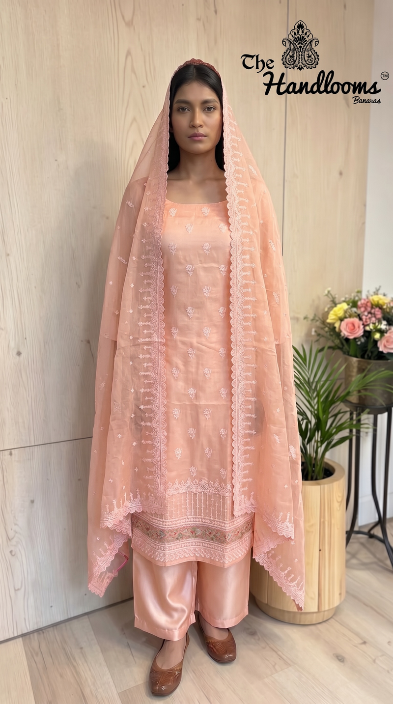 Pure Tussar Chikankari Handloom Banarasi Dress Material
