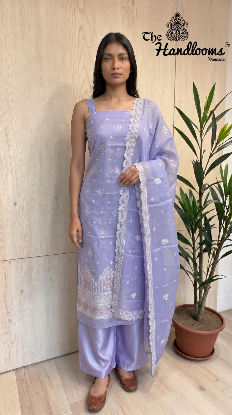 Pure Tussar Chikankari Handloom Banarasi Dress Material