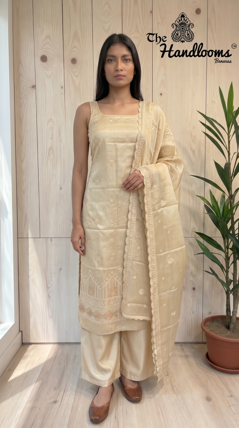 Pure Tussar Chikankari Handloom Banarasi Dress Material