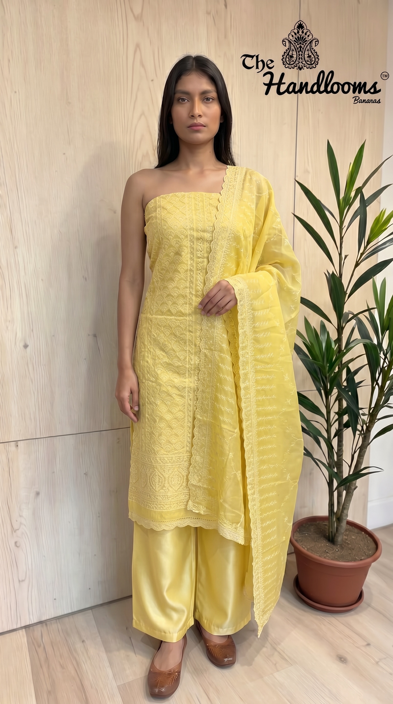 Pure Tussar Chikankari Handloom Banarasi Dress Material