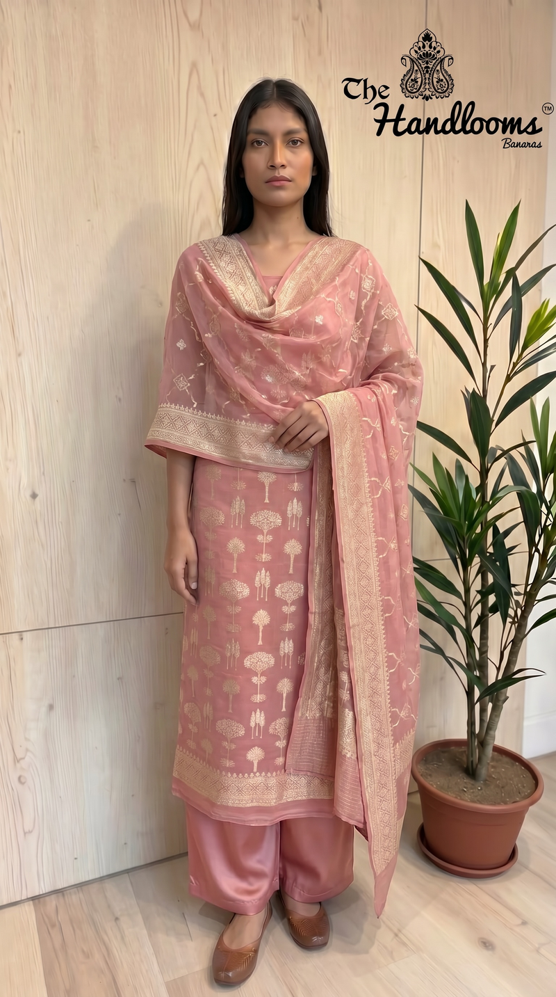 Khaddi Georgette Banarasi Dress material Water and Silver zari