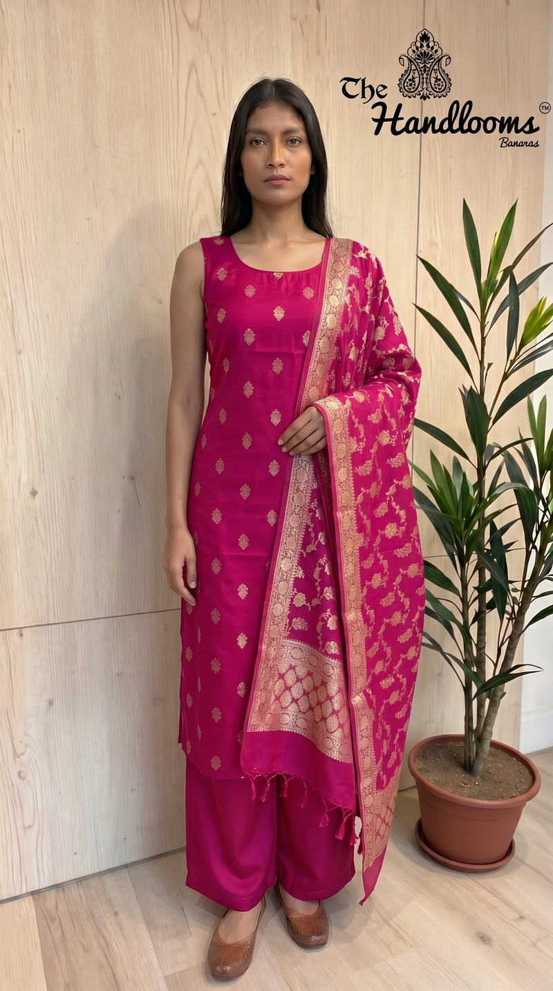 Hot Pink Pure Chiniya Silk Handlooms Banarasi Dress material