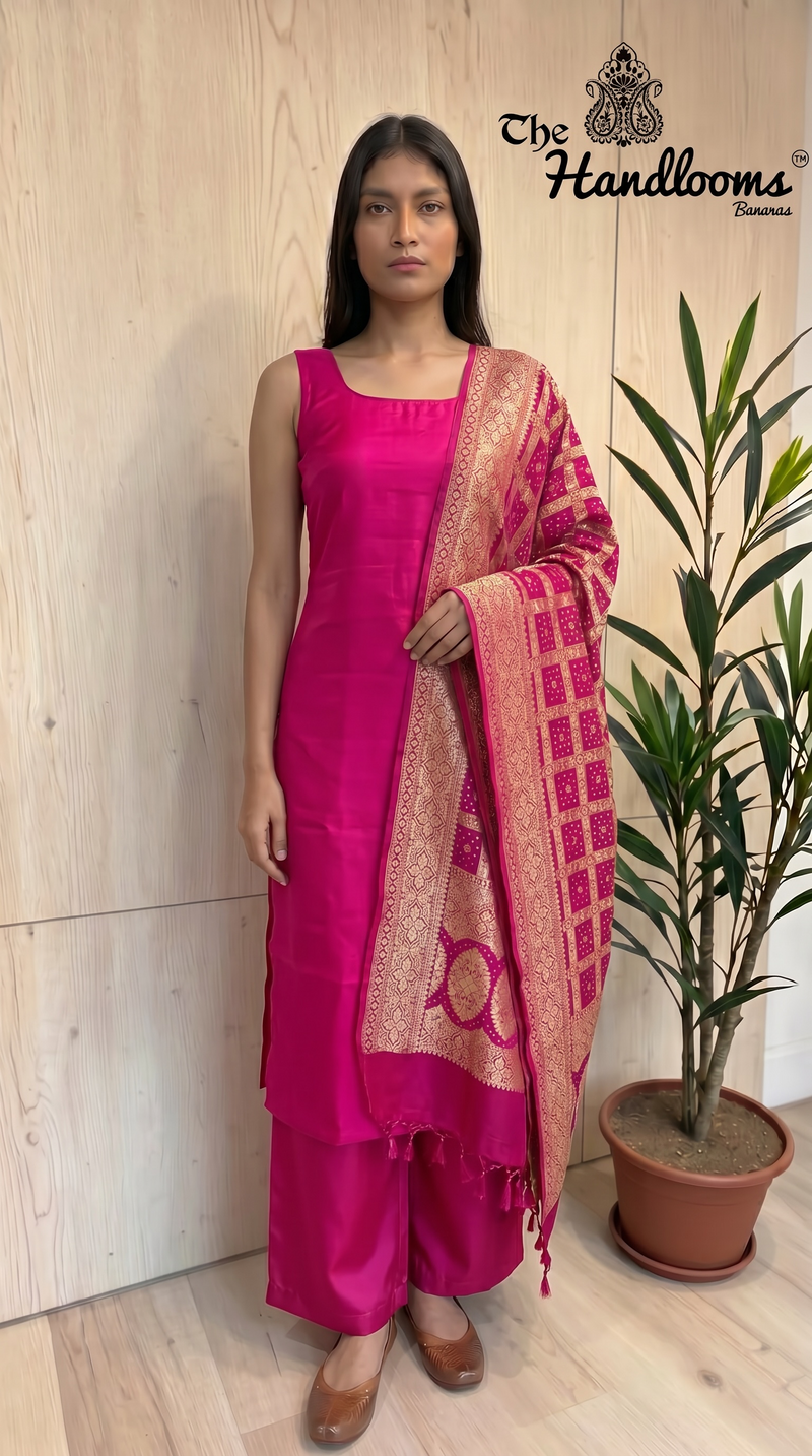 Chiniya Silk Suit With Khaddi Georgette Bandhej Dupatta