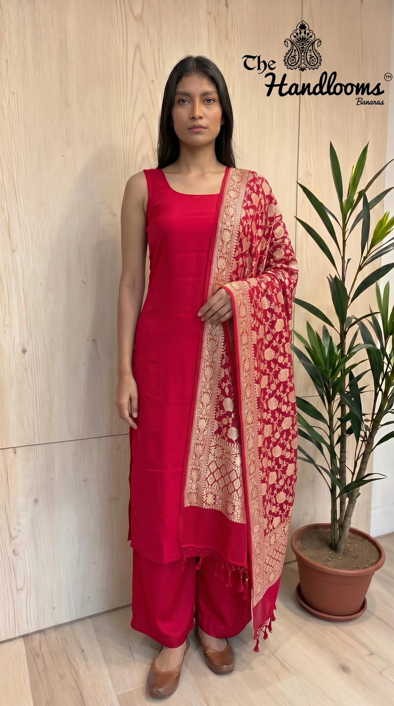 Chiniya Silk Suit With Khaddi Georgette Dupatta