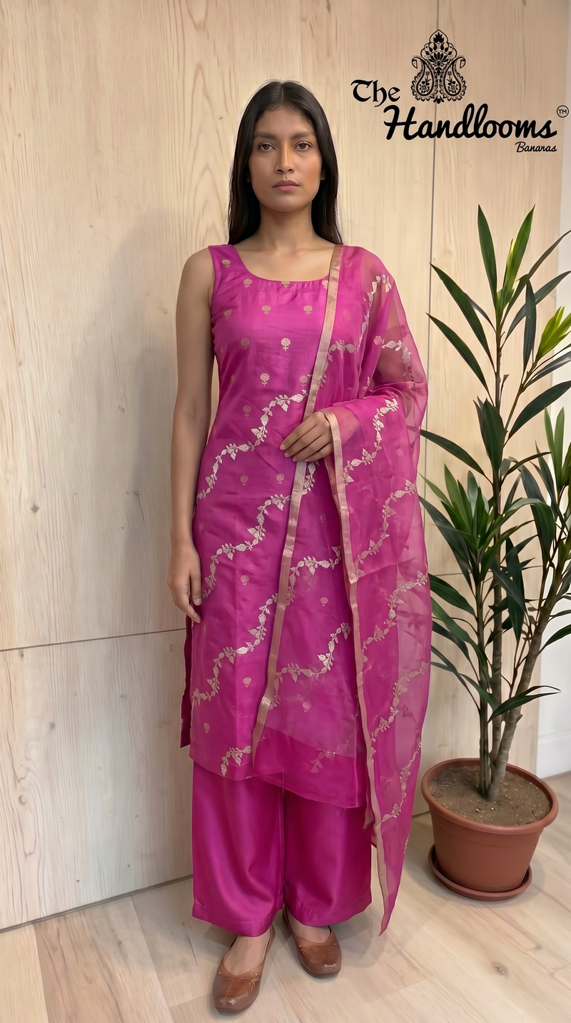 Pure Katan Silk Handlooms Banarasi Dress Material With Organza Dupatta