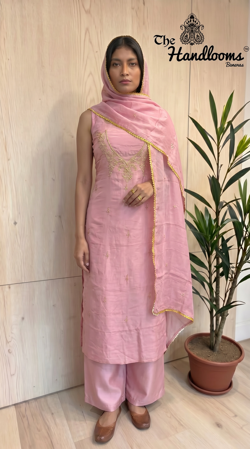 Elegant Silk Dress with– Adorned with Gota Patti, Moti, Katdana & Zardozi Handwork