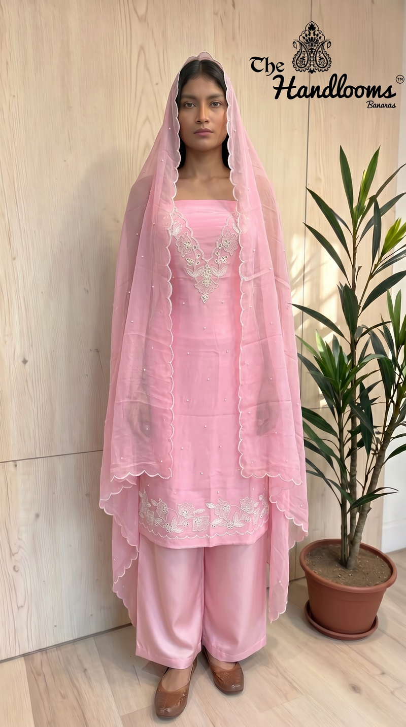 Elegant Silk Dress with– Adorned with Gota Patti, Moti, Katdana & Zardozi Handwork