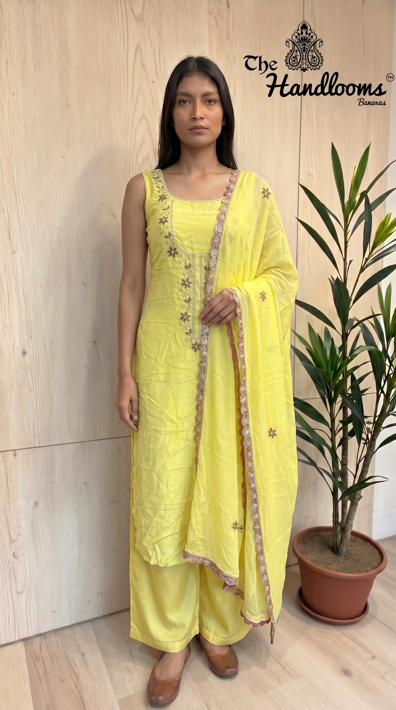 Elegant Silk Dress with– Adorned with Gota Patti, Moti, Katdana & Zardozi Handwork