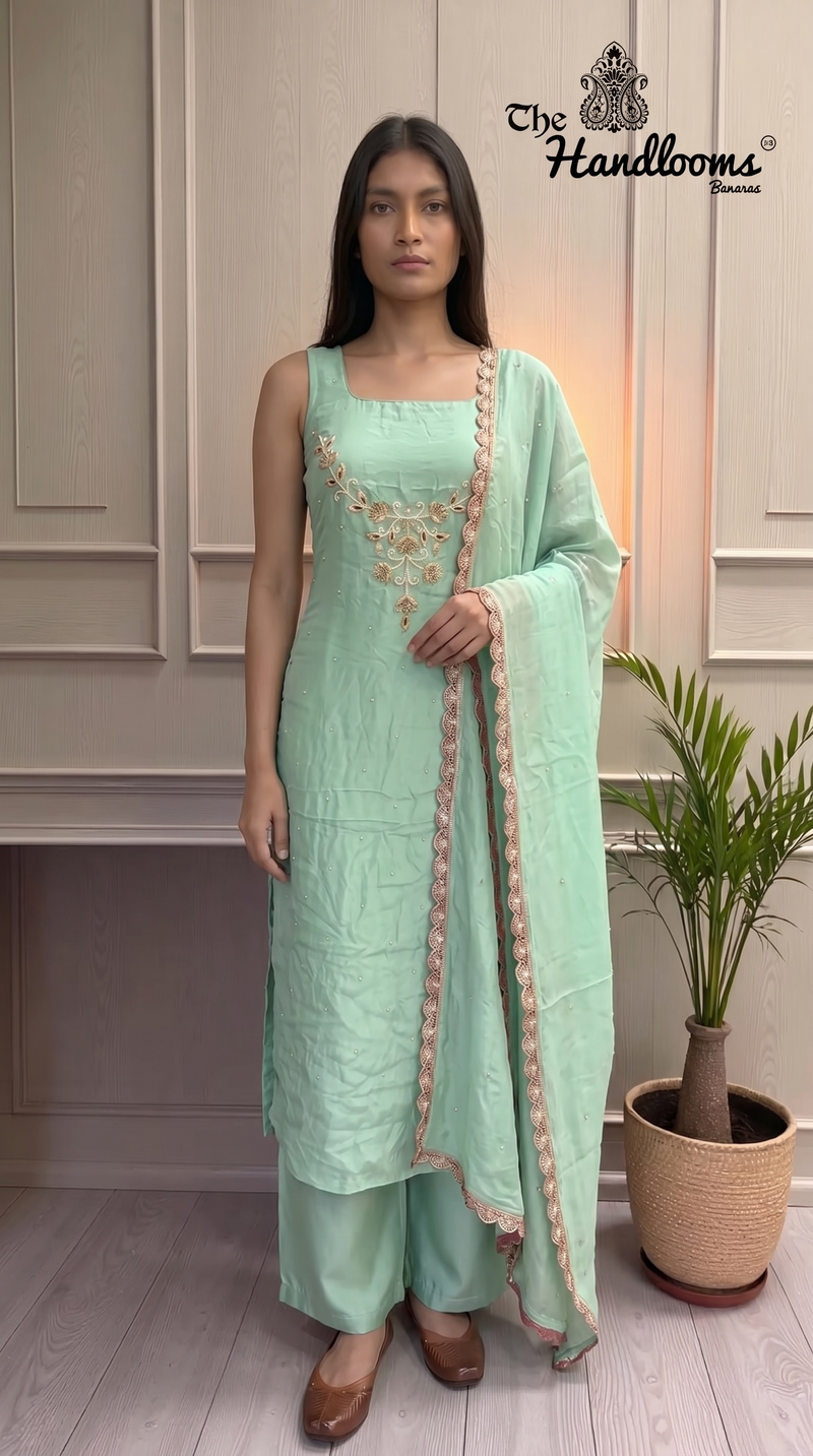 Elegant Silk Dress with– Adorned with Gota Patti, Moti, Katdana & Zardozi Handwork