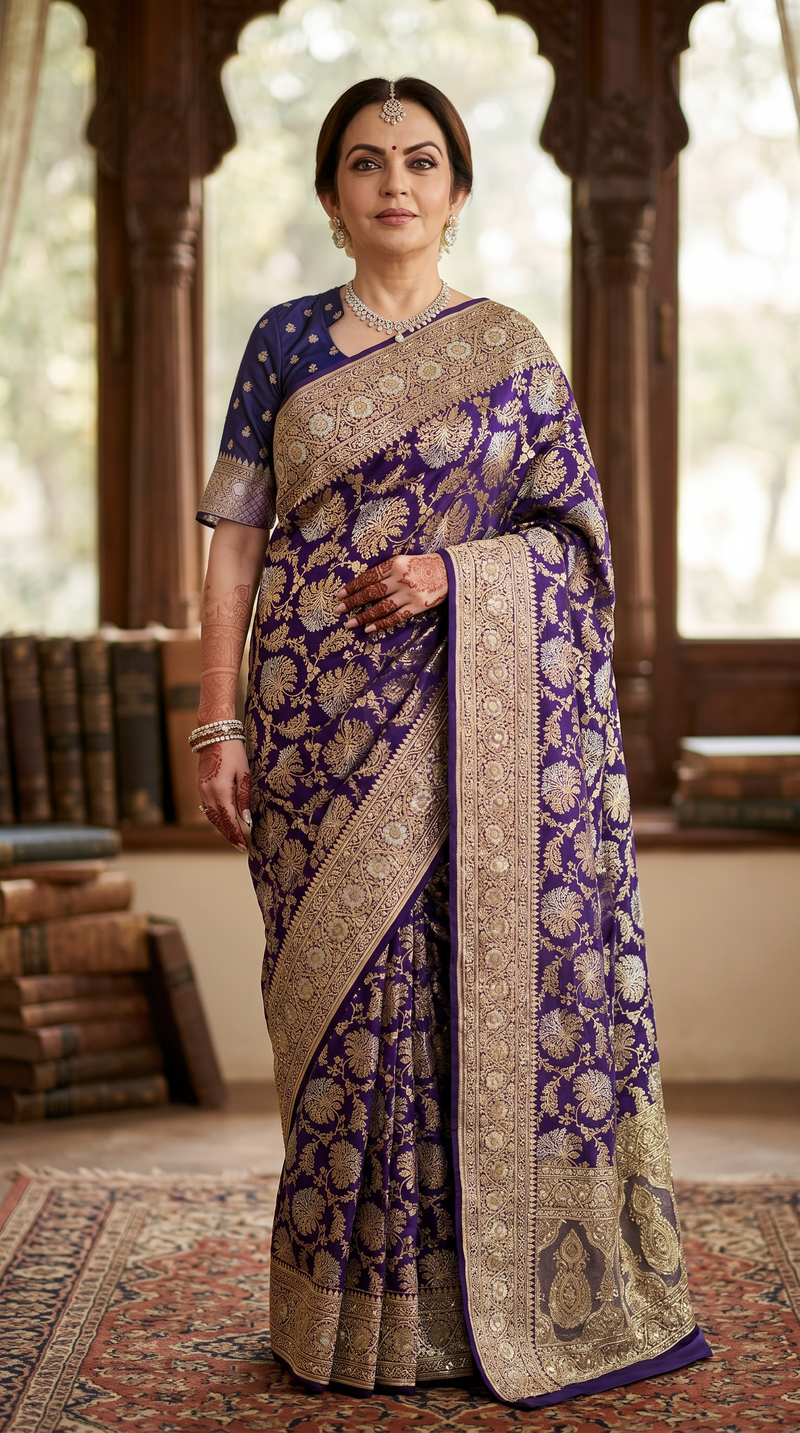 Nita Ambani Pure Katan Silk Banarasi Handloom Saree with Zardozi Gota Patti Handwork