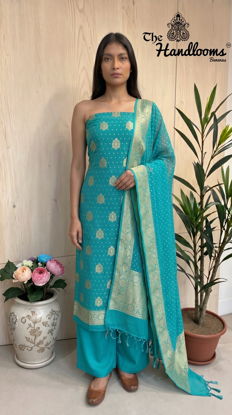 Aqua Blue Pure Khaddi Georgette Banarasi Dress material