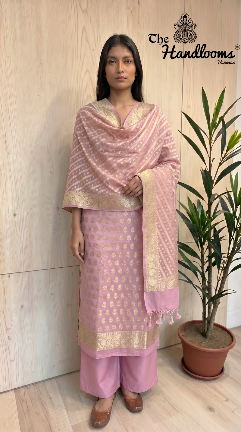 Pink Pure Khaddi Georgette Banarasi Dress material
