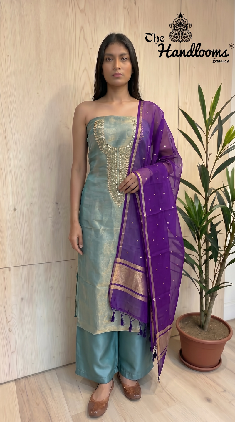 Elegant Silk Dress with Pure Kora Silk Dupatta – Adorned with Gota Patti, Moti, Katdana & Zardozi Handwork