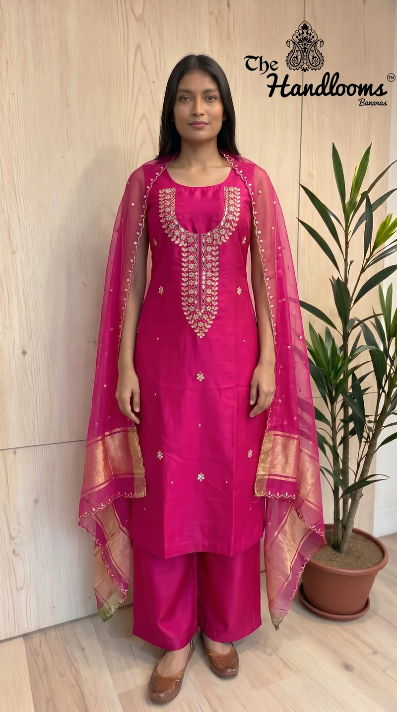 Elegant Silk Dress with Pure Kora Silk Dupatta – Adorned with Gota Patti, Moti, Katdana & Zardozi Handwork