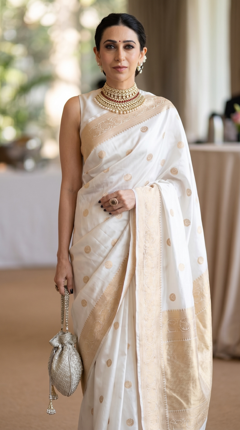 Karishma Kapoor in our Pure Katan Silk Banarasi Handloom Saree - All Over Kadua Motifs