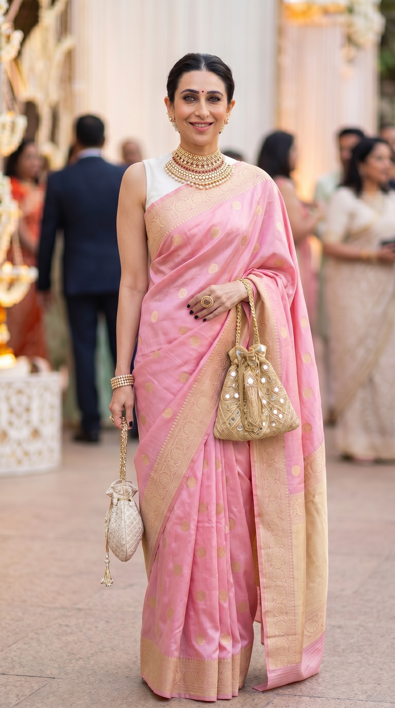Karishma Kapoor in our Pure Katan Silk Banarasi Handloom Saree - All Over Kadua Motifs