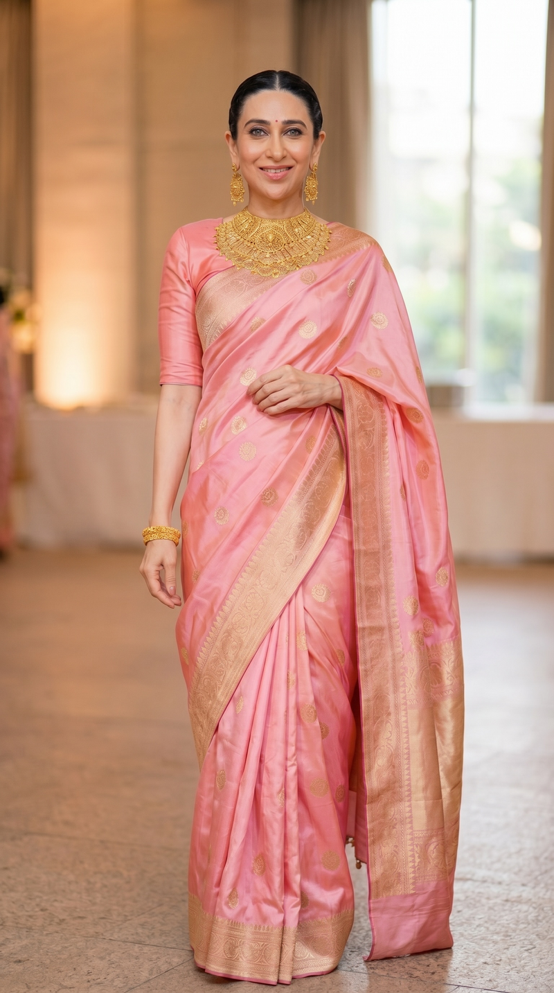 Karishma Kapoor in our Pure Katan Silk Banarasi Handloom Saree - All Over Kadua Motifs