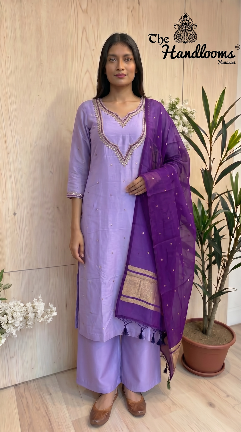 Elegant Silk Dress with Pure Kora Silk Dupatta – Adorned with Gota Patti, Moti, Katdana & Zardozi Handwork
