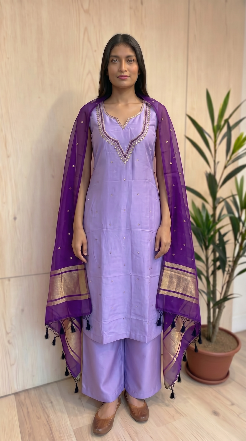Elegant Silk Dress with Pure Kora Silk Dupatta – Adorned with Gota Patti, Moti, Katdana & Zardozi Handwork
